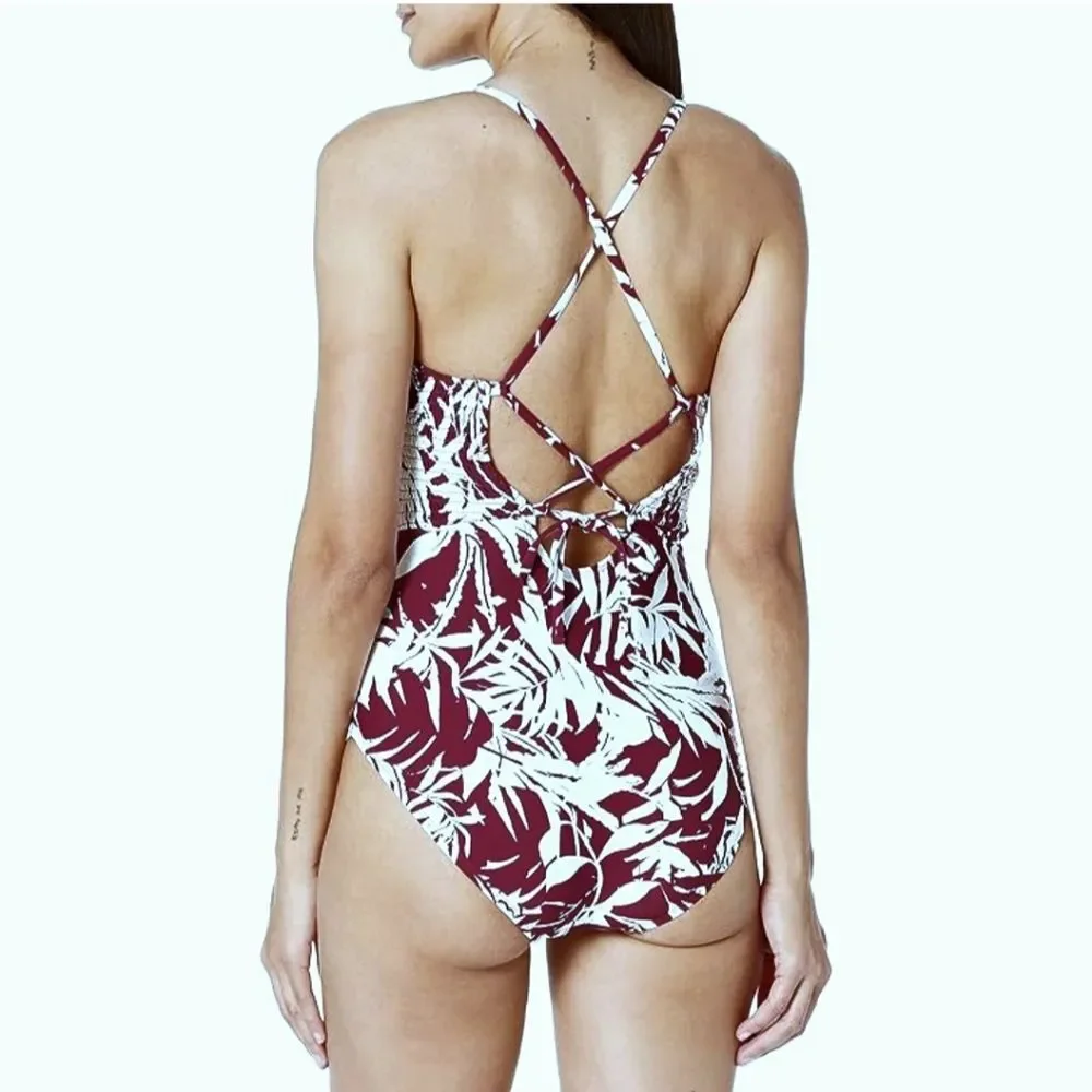 Catalina Tropical Palm Smocked Lace-Up Back Maroon One Piece Swimsuit Small Surf